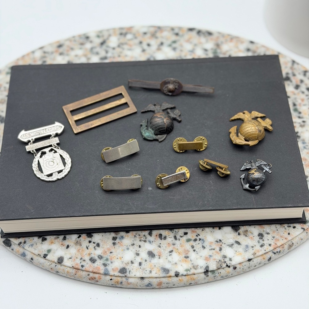 Vintage USMC Military Insignia Lot EGA Pins SS-Carbine Sharpshooter Badge Buckle